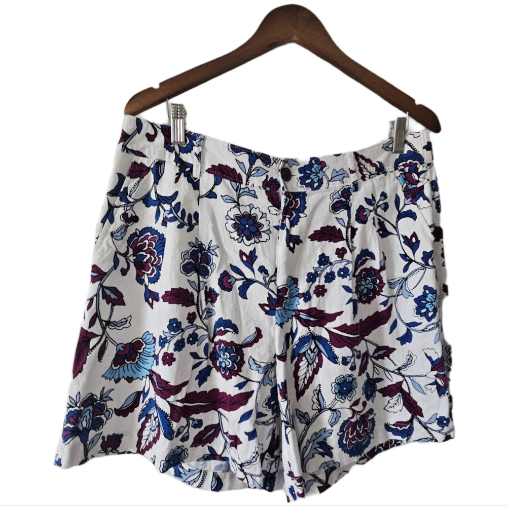 Floral print white blue casual linen blend mid rise shorts nwt size 12